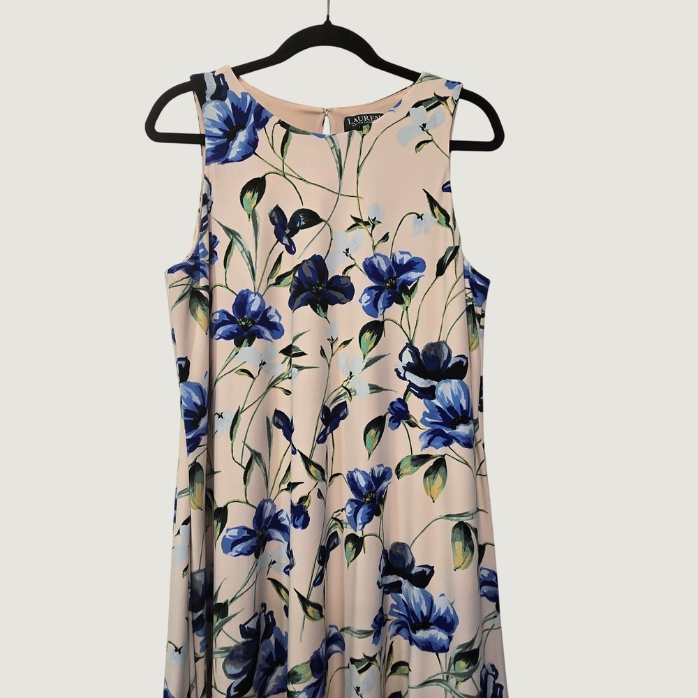 Lauren Ralph Lauren 16P Floral Sleeveless Fit Flare Dress Blue Pink Cottagecore - Picture 3 of 7